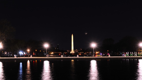 Washington, DC, USA - March 11, 2024: Night time view of the Washington Monument from the US Capitol Grounds