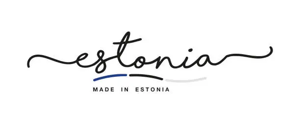 Vector illustration of Made in Estonia handwritten calligraphic lettering logo sticker flag ribbon banner