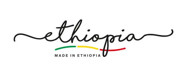 Vector illustration of Made in Ethiopia handwritten calligraphic lettering logo sticker flag ribbon banner