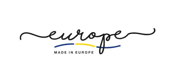 Vector illustration of Made in Europe handwritten calligraphic lettering logo sticker flag ribbon banner