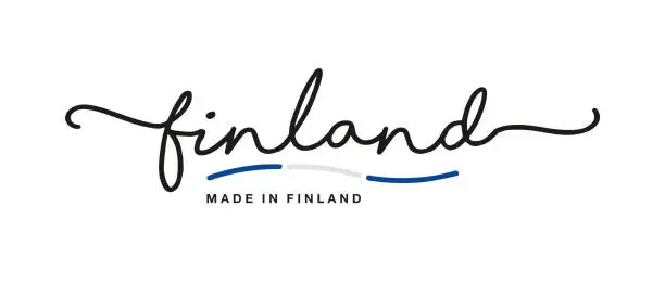 Vector illustration of Made in Finland handwritten calligraphic lettering logo sticker flag ribbon banner