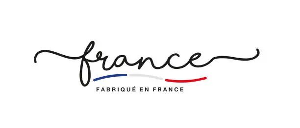 Vector illustration of Made in France logo French language handwritten calligraphic lettering sticker flag ribbon banner