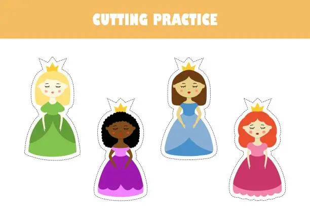 Vector illustration of Cutting practice kids activity sheet vector illustration. Fine motor skills development. Princesses figures.