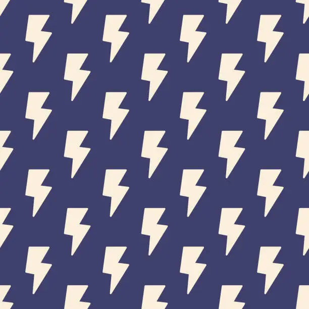 Vector illustration of Lightnings seamless pattern. A repeating thunder sign on a dark blue background.