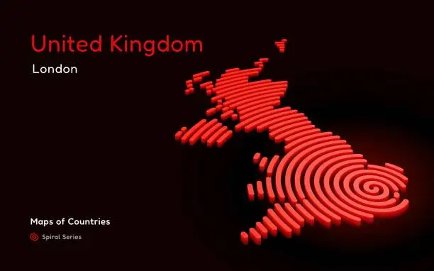 Vector illustration of 3d vector Map of United Kingdom in a Circle Spiral Pattern with a Capital of London.