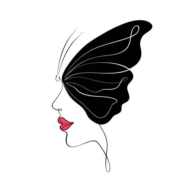 Vector illustration of Woman's profile with butterfly wing in a modern minimalist style.