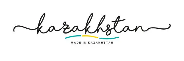 Vector illustration of Made in Kazakhstan handwritten calligraphic lettering logo sticker flag ribbon banner