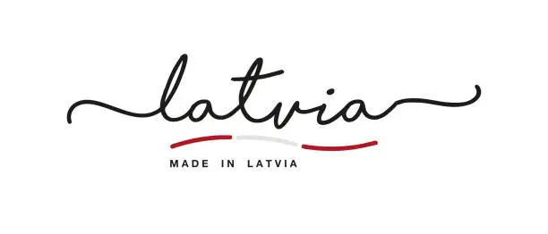 Vector illustration of Made in Latvia handwritten calligraphic lettering logo sticker flag ribbon banner