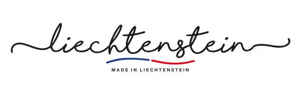 Vector illustration of Made in Liechtenstein handwritten calligraphic lettering logo sticker flag ribbon banner