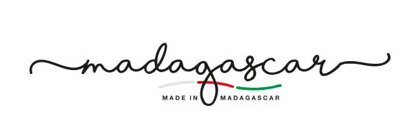 Vector illustration of Made in Madagascar handwritten calligraphic lettering logo sticker flag ribbon banner