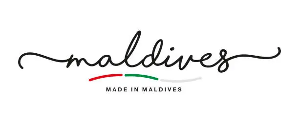 Vector illustration of Made in Maldives handwritten calligraphic lettering logo sticker flag ribbon banner