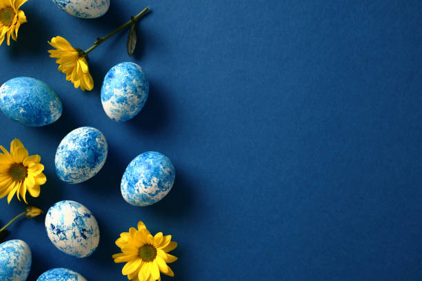 istock Blue and white Easter eggs with yellow flowers on dark blue background. Happy Easter concept 2078820966