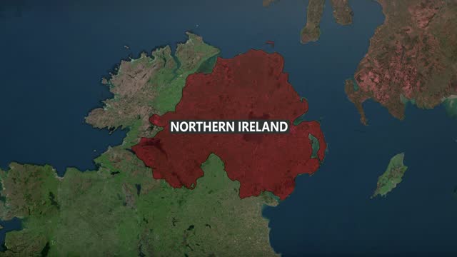 Zoom in to Northern Ireland, UK from Earth. Satellite view of the United Kingdom. Cinematic world map animation from outer space to territories. The concept of Highlight, globe, aerial view, tourism, travel, journey, cityscape
