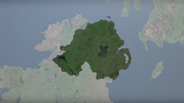 Zoom in to Northern Ireland, UK from Earth. Satellite view of the United Kingdom. Cinematic world map animation from outer space to territories. The concept of Highlight, globe, aerial view, tourism, travel, journey, cityscape