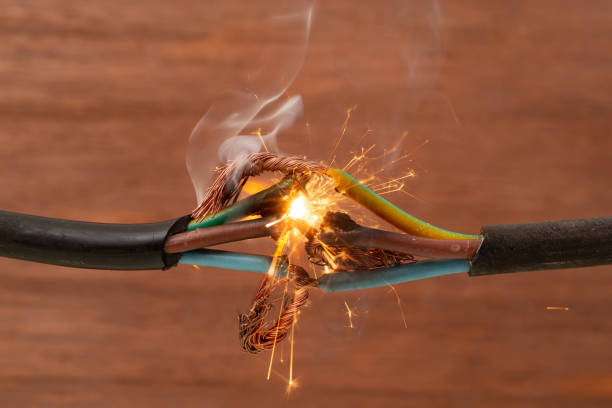 istock Sparks explosion between electrical cables, on brown wooden background, fire hazard concept, soft focus close up 2078861783