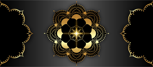 Luxury Banner Mandala with beautiful vintage circular pattern of indian. Round gold floral decoration, luxury template vector illustration isolated on black background