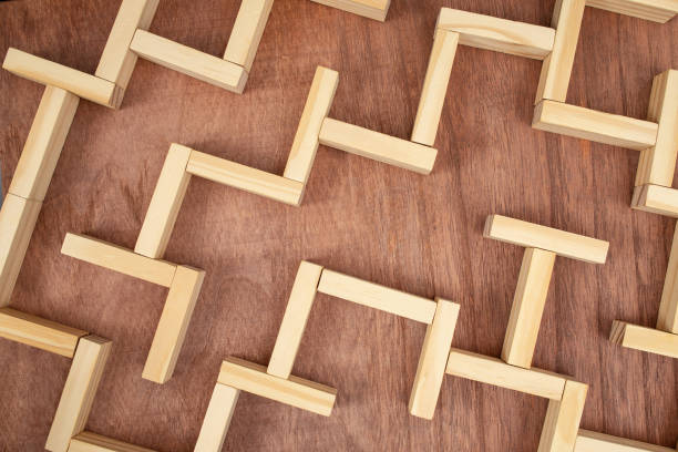 top view of a wooden labyrinth, empty maze backdrop, soft focus - escaping the rat race imagens e fotografias de stock