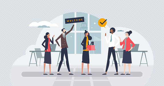 Onboarding and stepping into team as welcome new staff member tiny person concept. Greetings and welcome process into company vector illustration. Introduce colleagues and cooperative environment.
