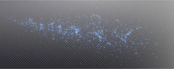Vector illustration of Christmas glowing bokeh confetti light and glitter texture overlay for your design. Festive sparkling blue dust. Holiday powder dust for cards, invitations, banners, advertising.