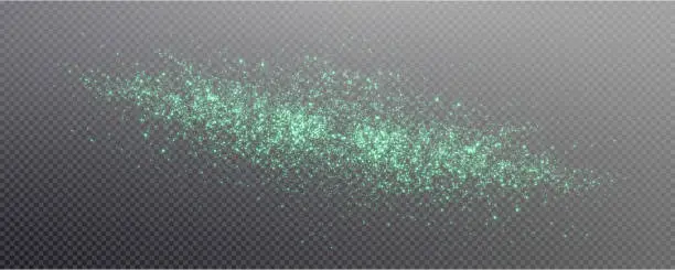 Vector illustration of Christmas glowing bokeh confetti light and glitter texture overlay for your design. Festive sparkling green dust. Holiday powder dust for cards, invitations, banners, advertising.