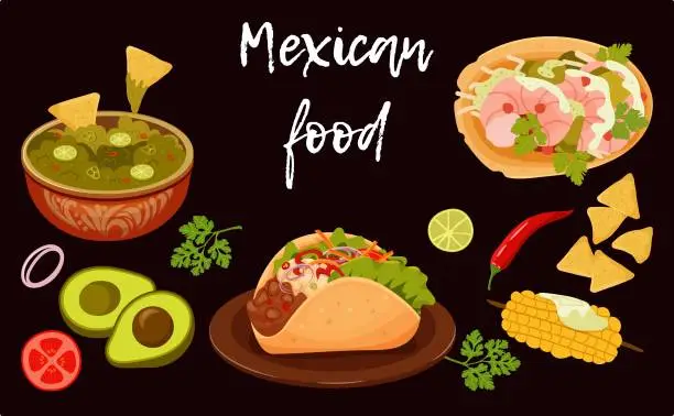 Vector illustration of set of simple mexican traditional food