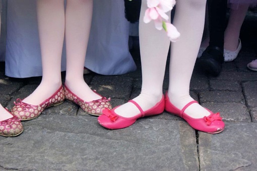 Young ballet dancers standing in first position, legs and feet only