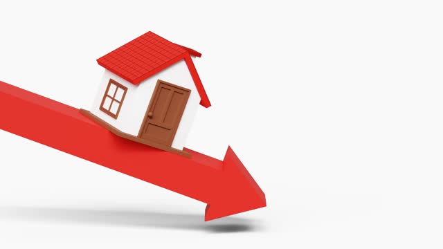 Housing Crisis, Low prices. Housing market is falling. Home Finances, Recession. Concept of decreasing or slumping home prices and value or a real estate bust. House on downward arrow 4k 3d animation
