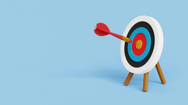 Business objective, purpose or target, goal and resolution to aim for success. Aspiration and motivation to achieve goal concept. Archery target with arrow in the center. 4k 3d animation