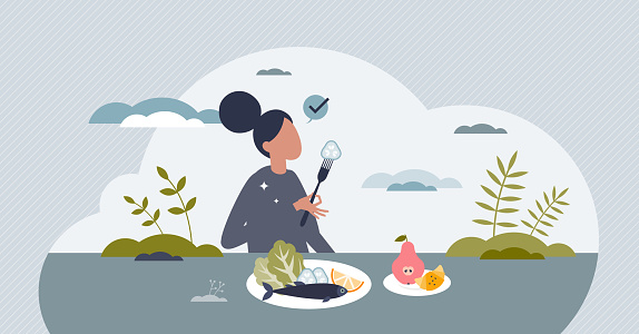 Mindful eating and healthy, balanced food awareness tiny person concept. Think about what you eat and be present to moment vector illustration. Concentration for dinner or supper as daily routine.