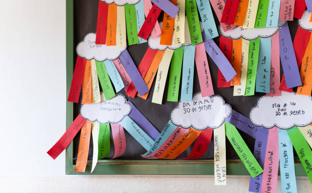 Back to school. Mural of colorful children's crafts