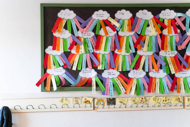 Horizontal view of a creative calendar with colorful papers and clouds in a school
