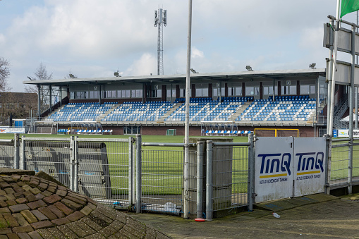 Spakenburg, the Netherlands. 25 February 2024. The stands and football field of SV Spakenburg, a Dutch amateur football club