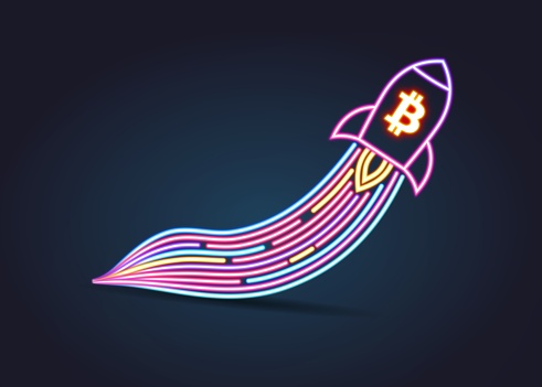 Flying rocket with bitcoin symbol, illustration