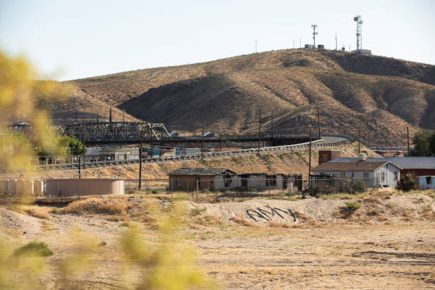 Train stopped on the tracks in the mojave desert