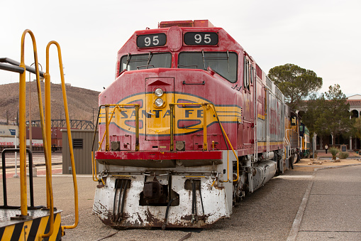 Barstow, California, USA - June 20, 2020:  A Santa Fe train engine rests at the Barstow station.
