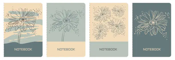 Vector illustration of Set of Templates for title pages of notebooks or books. Floral print. Versatile abstract layouts with gerbera daisy flowers in vintage tones.