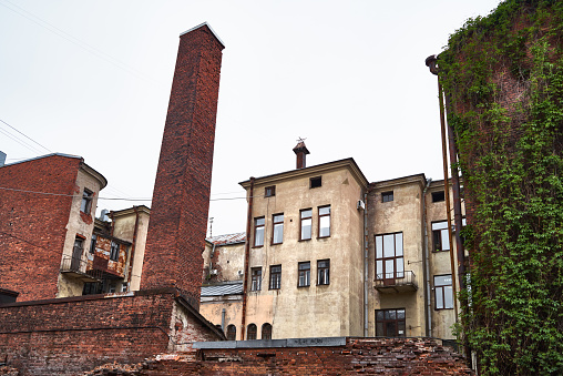 The industrial urban view of old brick buildings in Vyborg town, near Saint Petersburg, Russia