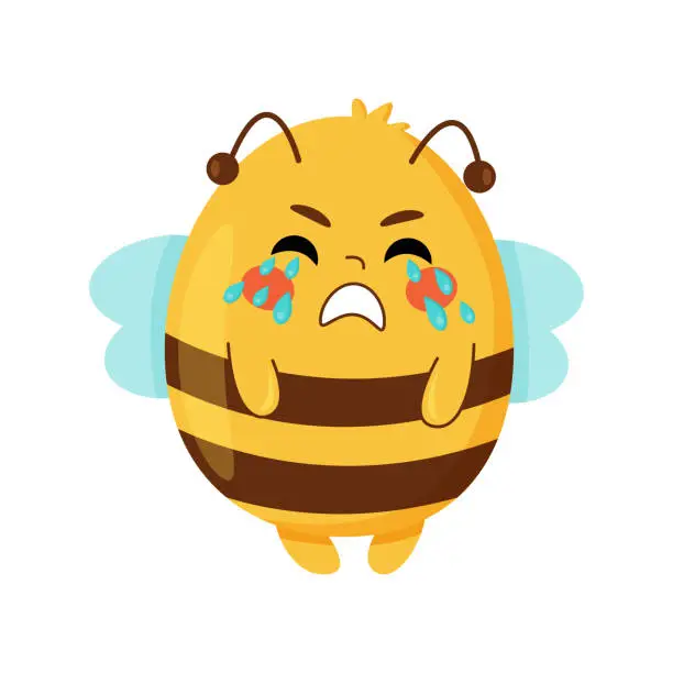 Vector illustration of Bee crying. Cute sad bee mascot character.