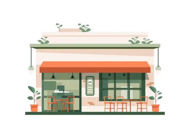 Vector illustration of restaurant,Summer cafe shop with outdoor terrace and table with chairs