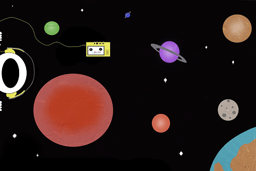 Stylized illustration of planets and a cassette tape in outer space.