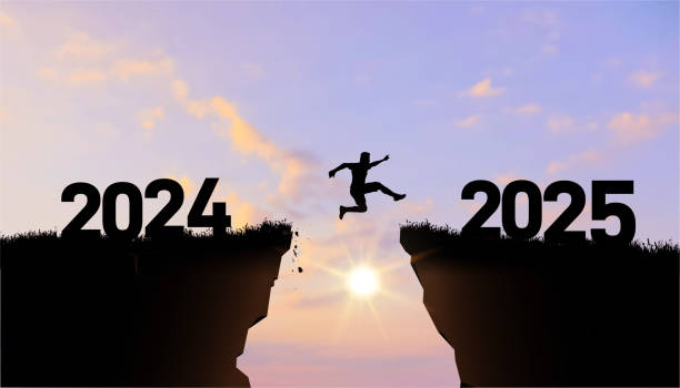 istock New year vector concept. Businessman jumping gap on the cliff from number 2024 to number 2025. Welcome 2025. 2025 falls into the abyss. Vector people entered the year 2025, creative idea. 2079043191