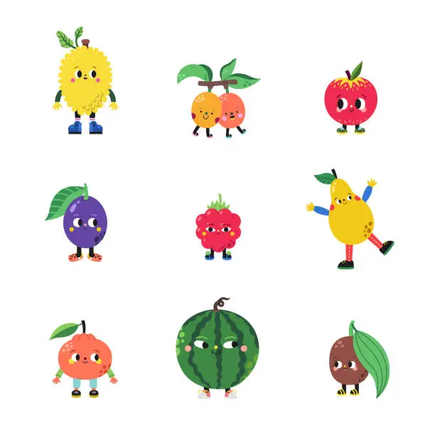 Vector illustration of Cute cartoon fruits set, part 4. Funny colorful characters.