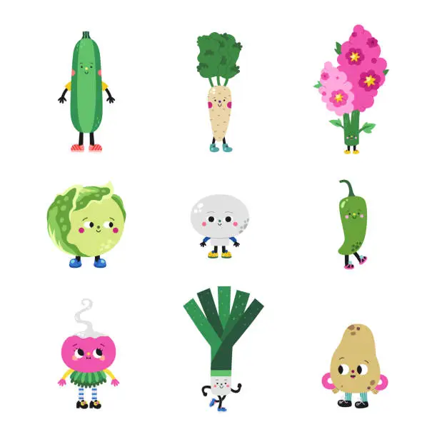 Vector illustration of Cute cartoon vegetables set, part 1. Funny colorful characters.