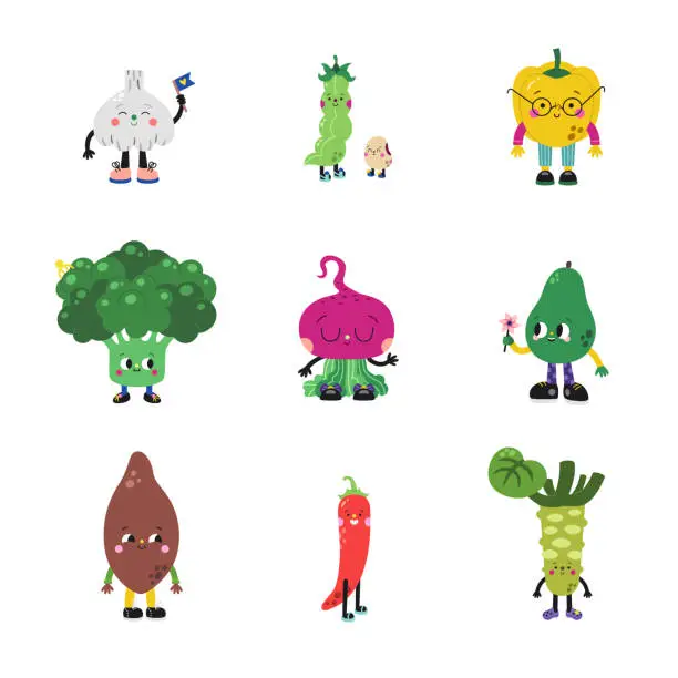 Vector illustration of Cute cartoon vegetables set, part 3. Funny colorful characters.