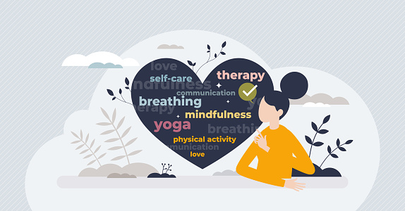 Mental health awareness with treatment methods in text tiny person concept. Yoga, self care, therapy and mindfulness as prevention for emotional mind diseases and conditions vector illustration.