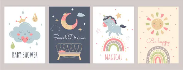 Vector illustration of Boho baby posters with cute sun, rainbow, moon, unicorn, cradle in Scandinavian style