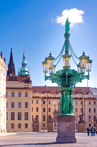 cast iron gas lamp, Archbishop's Palace, Hradcanske namesti, Prague Castle (UNESCO), Prague, Czech Republic