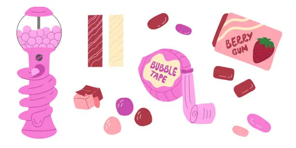 Vector illustration of Set of bubble gum strawberry candy chewing. Bubble gum machine.