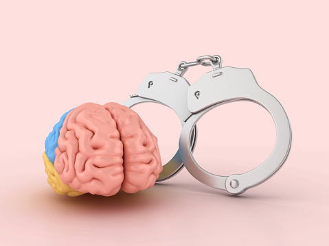 Brain with Handcuffs - Color Background - 3D rendering