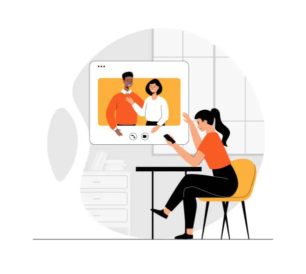 Vector illustration of Virtual event. Online conference, friends meeting, video call. Communication through the Internet. Illustration with people scene in flat design for website and mobile development.